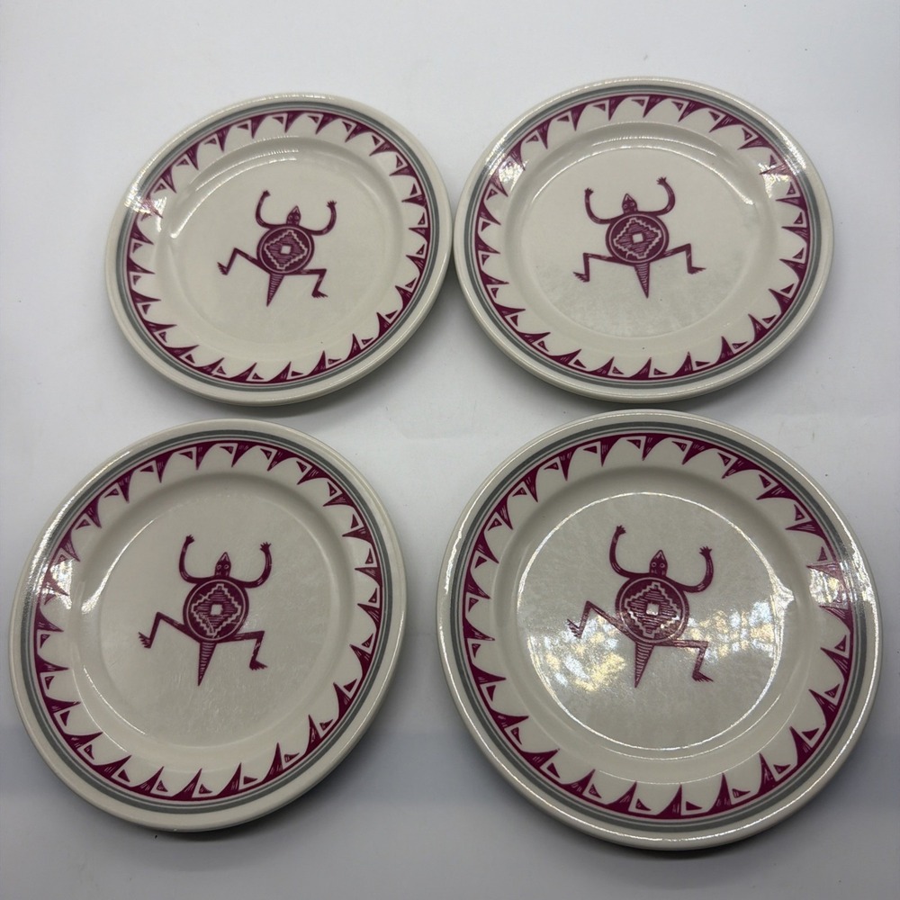 PIPESTONE ANCIENT MIMBRENO INDIAN 6 3/8" BURGANDY BREAD PLATE Sante Fe Set Of 4